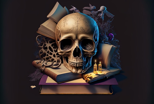 A horror theme featuring a skull and tomes