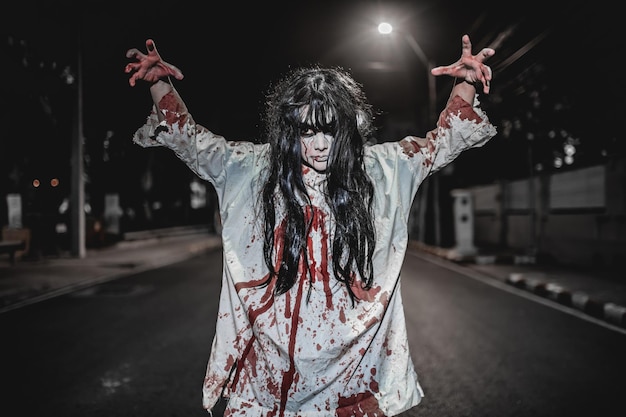 Foto horror vrouw conceptgeest op de weg in de stadeen wraakzuchtige geest op de straat van de stadhalloween festivalmake-up geest gezicht