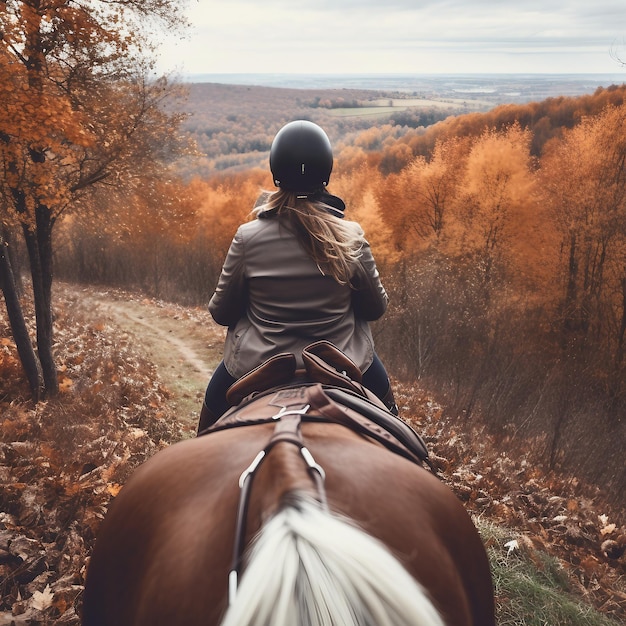 Horse on the background of the autumn alley with yellow fallen leaves