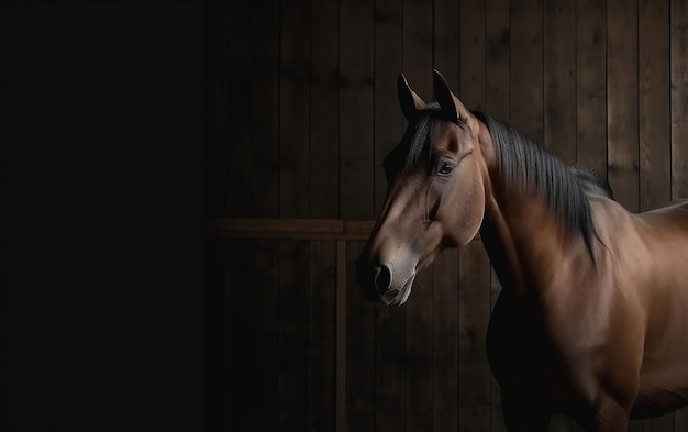 A horse in a barn with a dark background