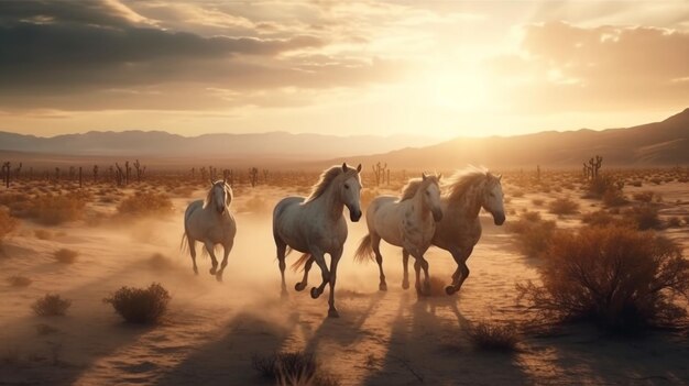 水に反射した夕暮れ時のビーチの馬生成ai