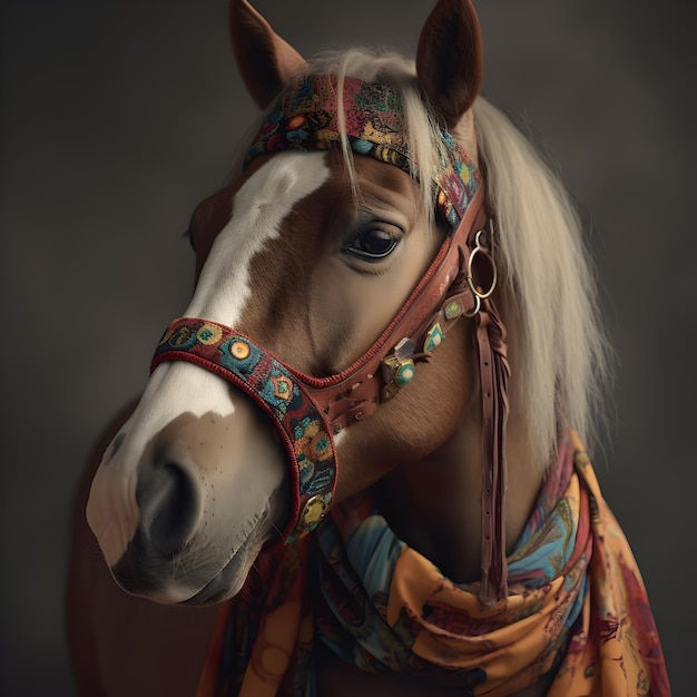 horse in boho bohemian medieval hippie outfit with beads surreal