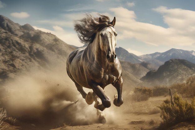 Foto cavallo che attraversa un vecchio paesaggio di ispirazione occidentale