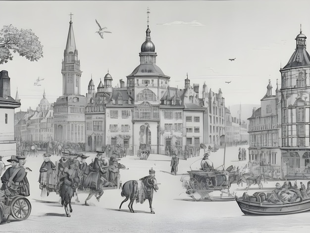 Фото Город лошадей, старый город, гравюра.