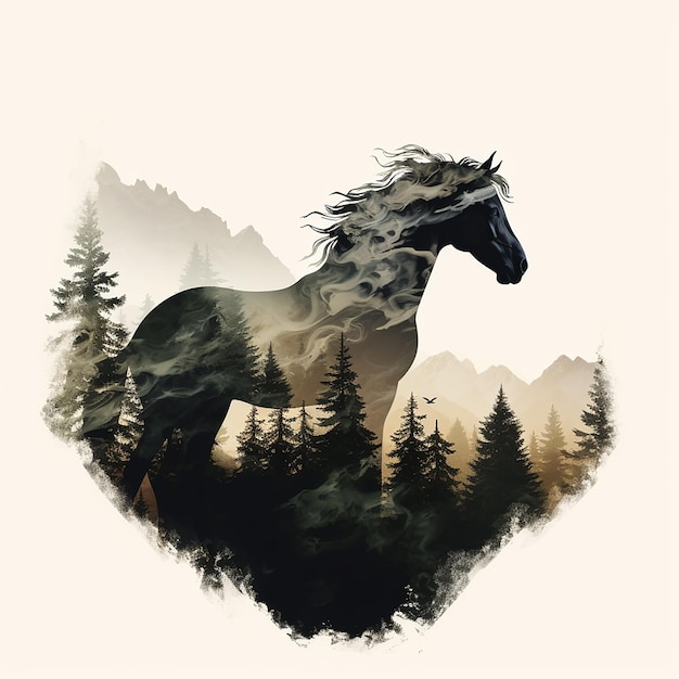 Photo horse in double exposure of forest mountains
