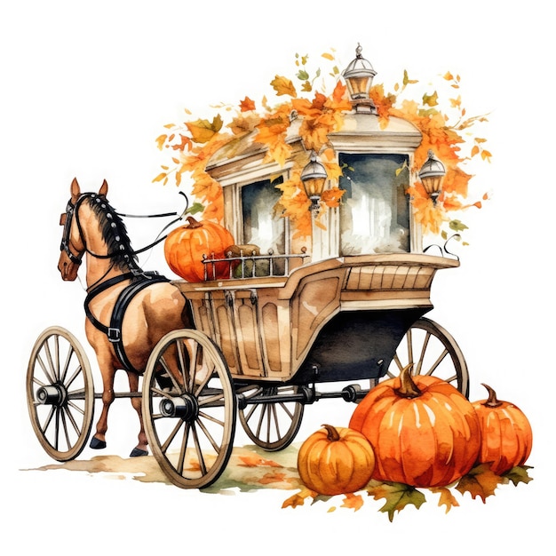 Horse Drawn Carriage Bring Pumpkins On White Background