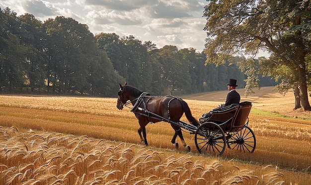 a horse drawn carriage is driving through a field of wheat