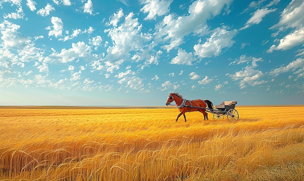 空の背景の野原に馬が引く馬車がある