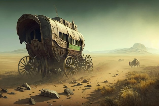 A horse drawn wagon is in the desert.