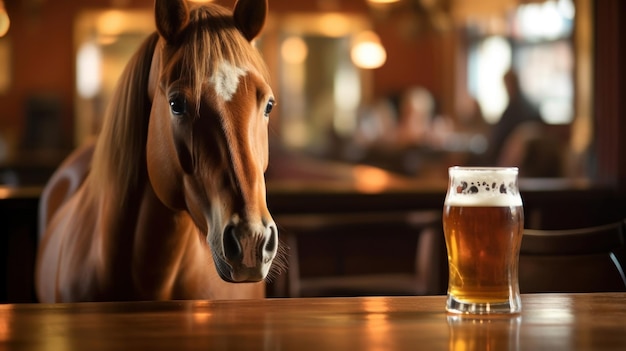 horse drinking from a pint of beer on a bar counter.