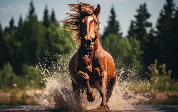 Foto cavallo che si gode un bagno rinfrescante in una pozzanghera a metà viaggio