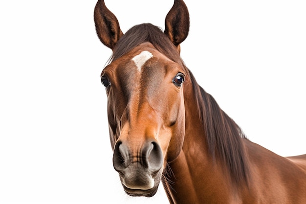 Foto ritratto del fronte del cavallo su fondo bianco