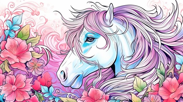 Photo horse face with floral patterns fantasy coloring page image ai generated art