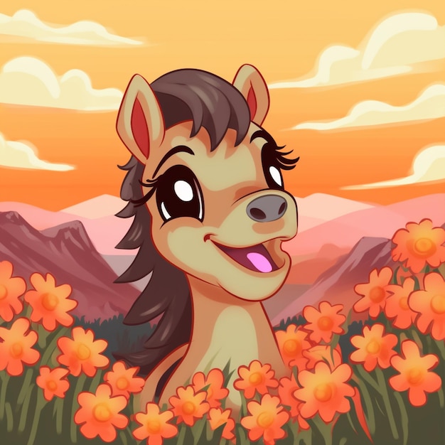 A horse in a field of flowers with a pink tongue sticking out.