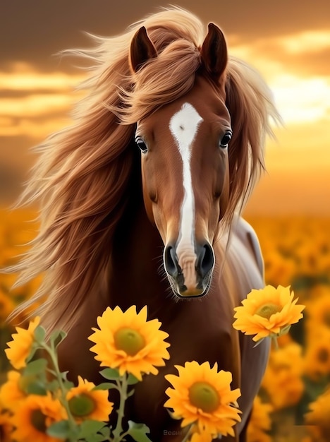 Photo a horse in a field of flowers