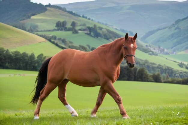 Horse on the field hills in the background