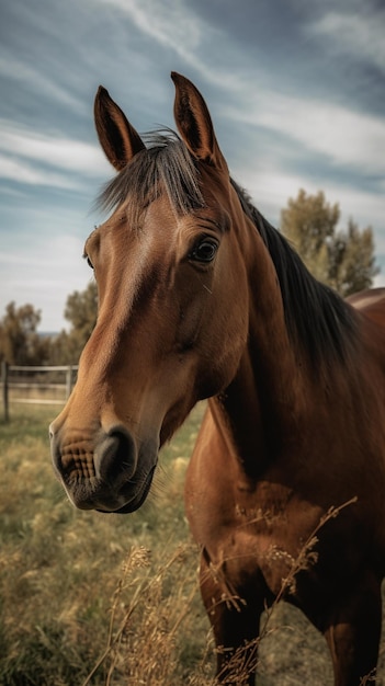 A horse in a field with a cloudy sky in the background