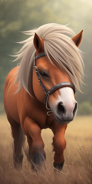 A horse in a field with a white mane and a silver buckle.