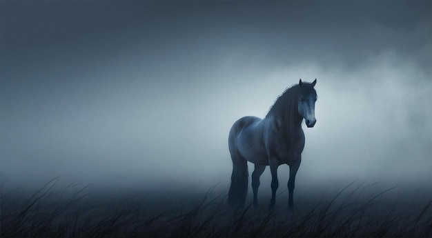 A horse in a foggy field with a dark background.