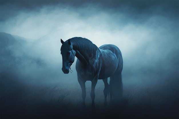 A horse in a foggy field with a mountain in the background.