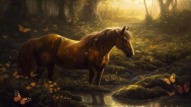 A horse in a forest with leaves on the ground