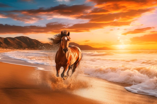 Horse galloping on the beach at sunset