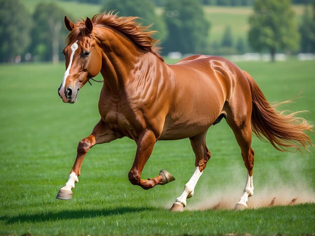 Photo a horse gallops across a green field