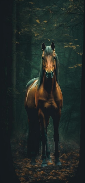 Horse golden luminous standing horse dark forest ai generated image High quality ai generated image