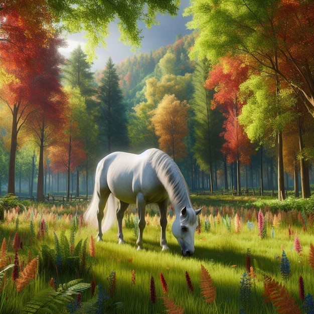 A horse grazing in a forest