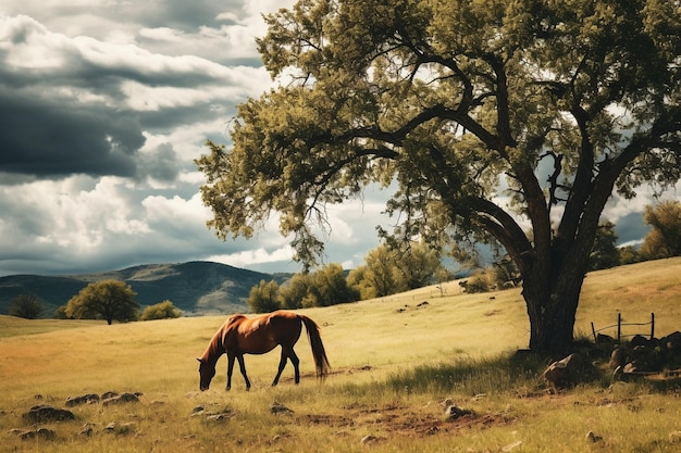 Foto cavalli che pascolano in un pascolo con alberi