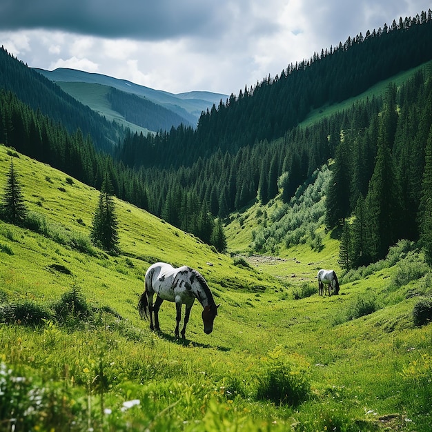 Horse Grazing in RainKissed Carpathian Mountain Pasture