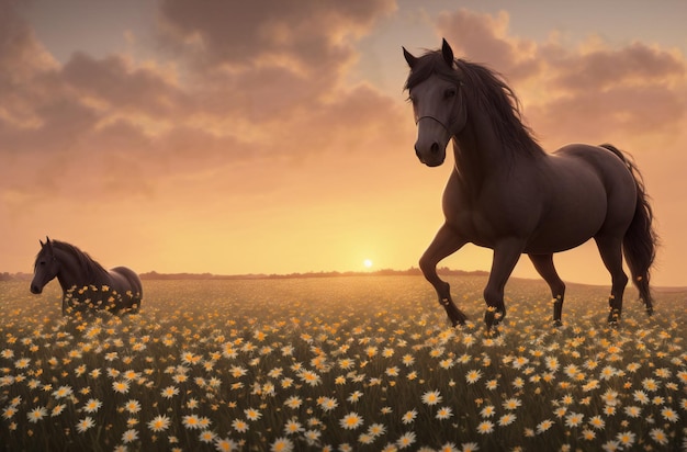 夕暮れ時のヒナギクと緑の芝生の上の馬 野生の花カモミールと緑の芝生の上の美しい馬 ジェネレーティブ AI