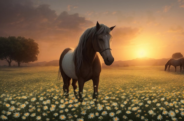 夕暮れ時のヒナギクと緑の芝生の上の馬 野生の花カモミールと緑の芝生の上の美しい馬 ジェネレーティブ AI