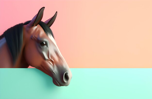 A horse head is shown behind a pink and blue background.