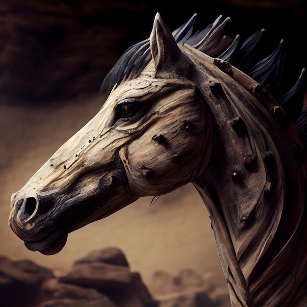 Horse head made of wood in the cave 3d rendering