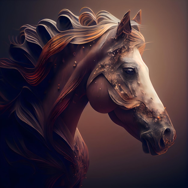 Horse head with flowing mane and mane 3D rendering