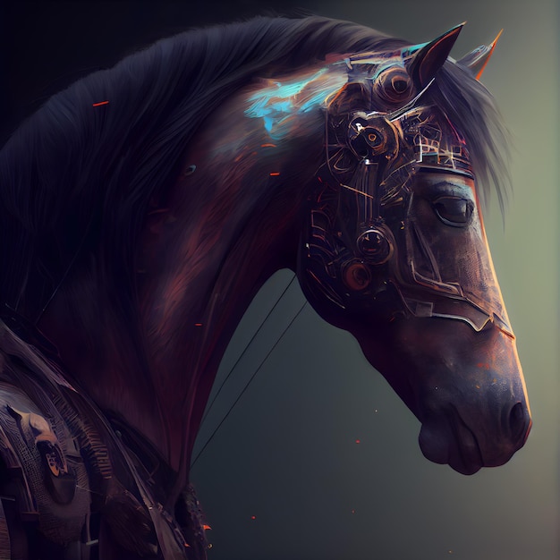 Голова лошади с металлическими шестернями на темном фоне 3d рендеринг
