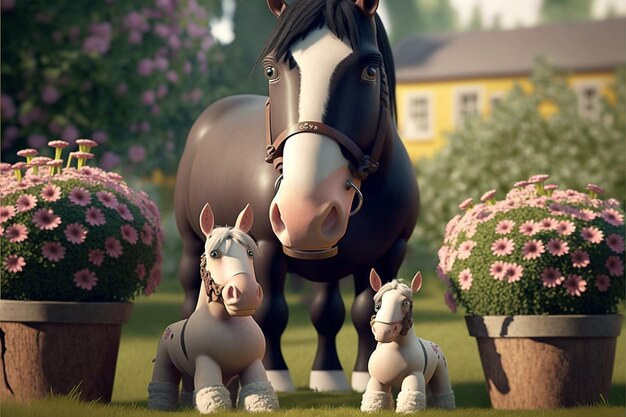 A horse and her two babies stand in front of a yellow house.