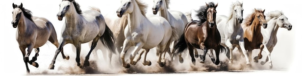 Horse herd run fast on white