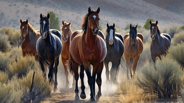 Horse herd run on pasture against beautiful landscape