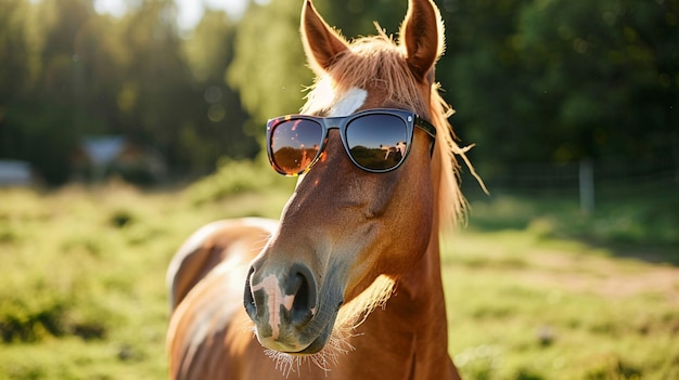 Photo horse hipster head funny horse portrait in sunglasses bay horse face in sunglasses ai generative