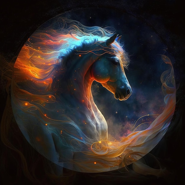 Horse image glowing A tress of celestial fire a mane of auroras glow