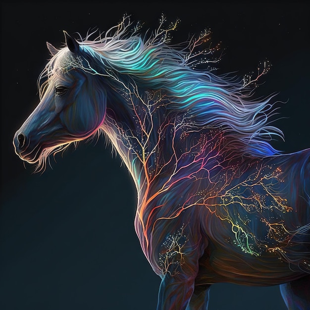 Horse image glowing A tress of celestial fire a mane of auroras glow