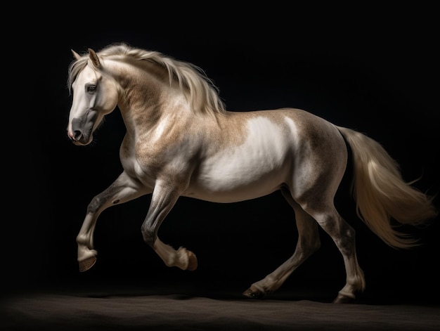 A horse is galloping in front of a black background.