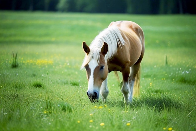 a horse is grazing in a field with dandelions in the background