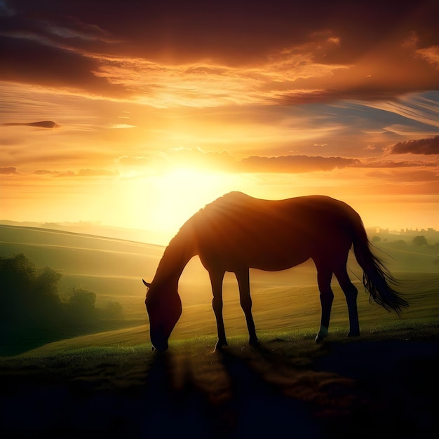 a horse is grazing in a field with the sunset in the background.