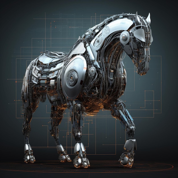 A horse is made of metal and has a black background.