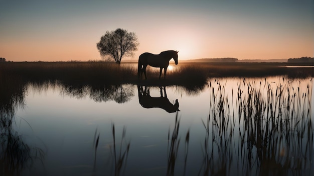 夕暮れ時の湖に馬が映る