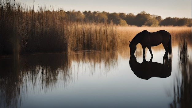 A horse is reflected in the water with his head in the water