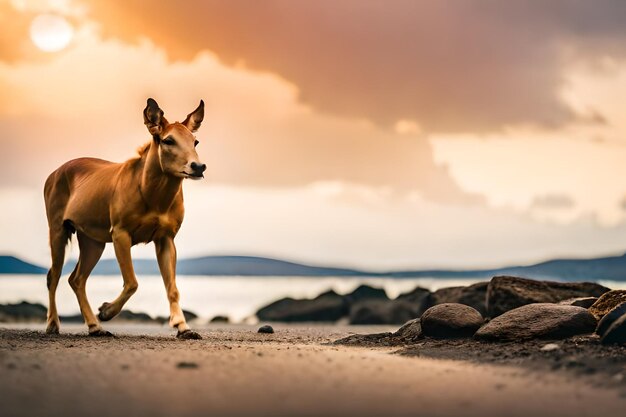 a horse is running on the beach with rocks in the background